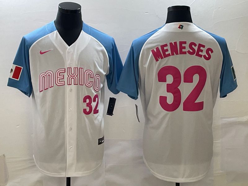 Men 2023 World Cub Mexico #32 Meneses White blue Nike MLB Jersey1